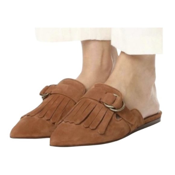 Jenni Kayne Pointed Toe Mule Suede Brown Fringe Slip-on Flats - Picture 1 of 10